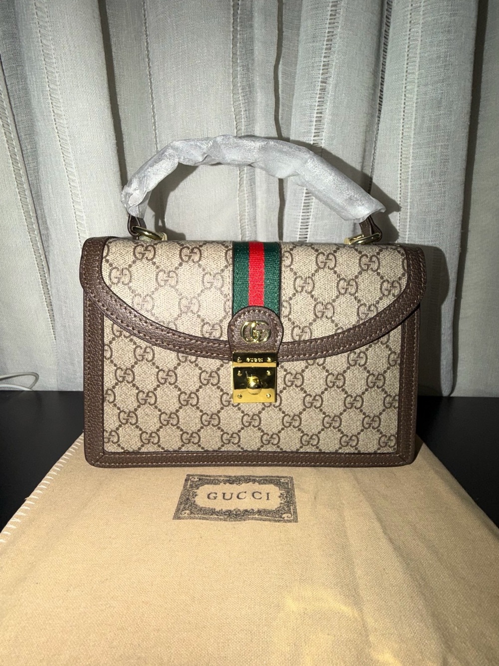 Beautiful Canvas Satchel with Brown Trim and Green-Red Web with Dust bag